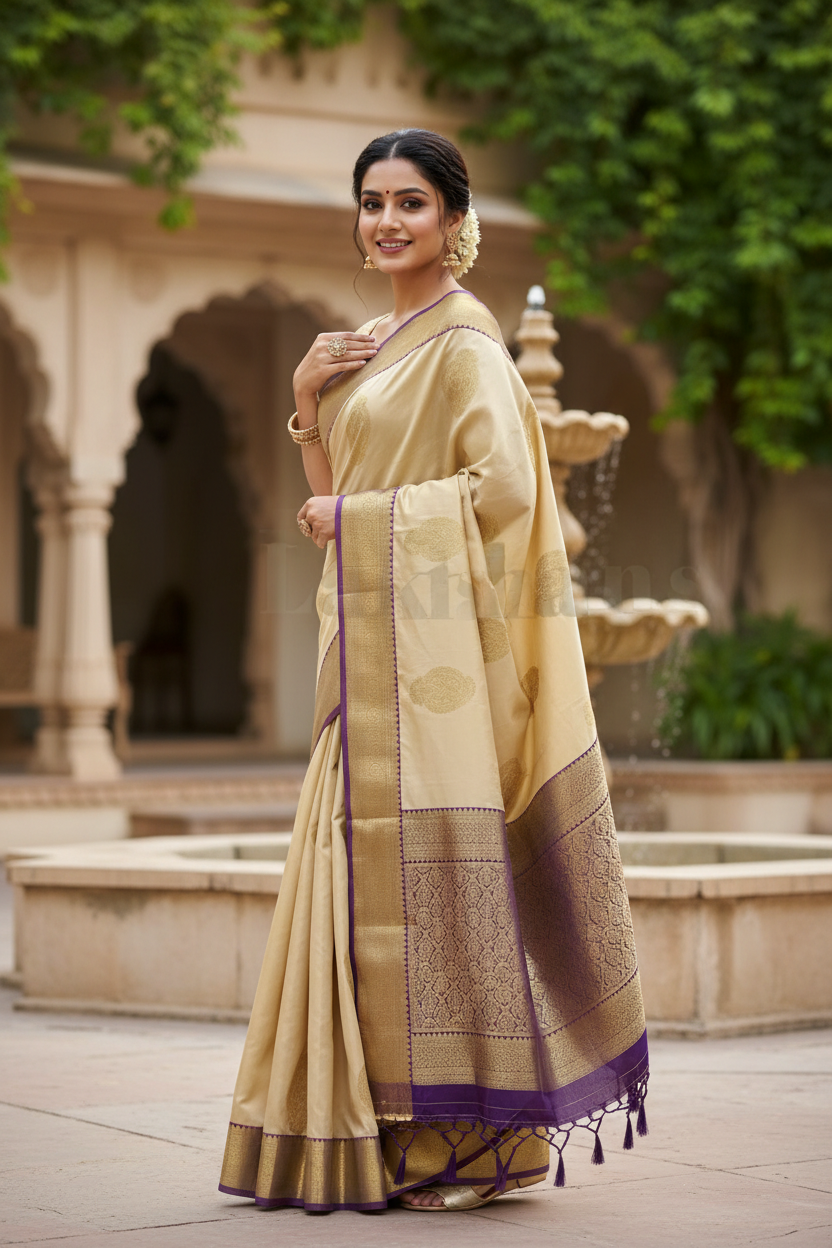 Cream Colour Pure Kanjivaram Silk Saree with Contrasting Deep Purple Border