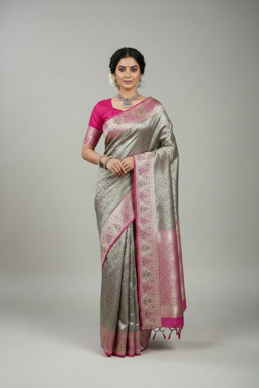 Greyish Blue Color Tissue Saree with contrast Pink Color border