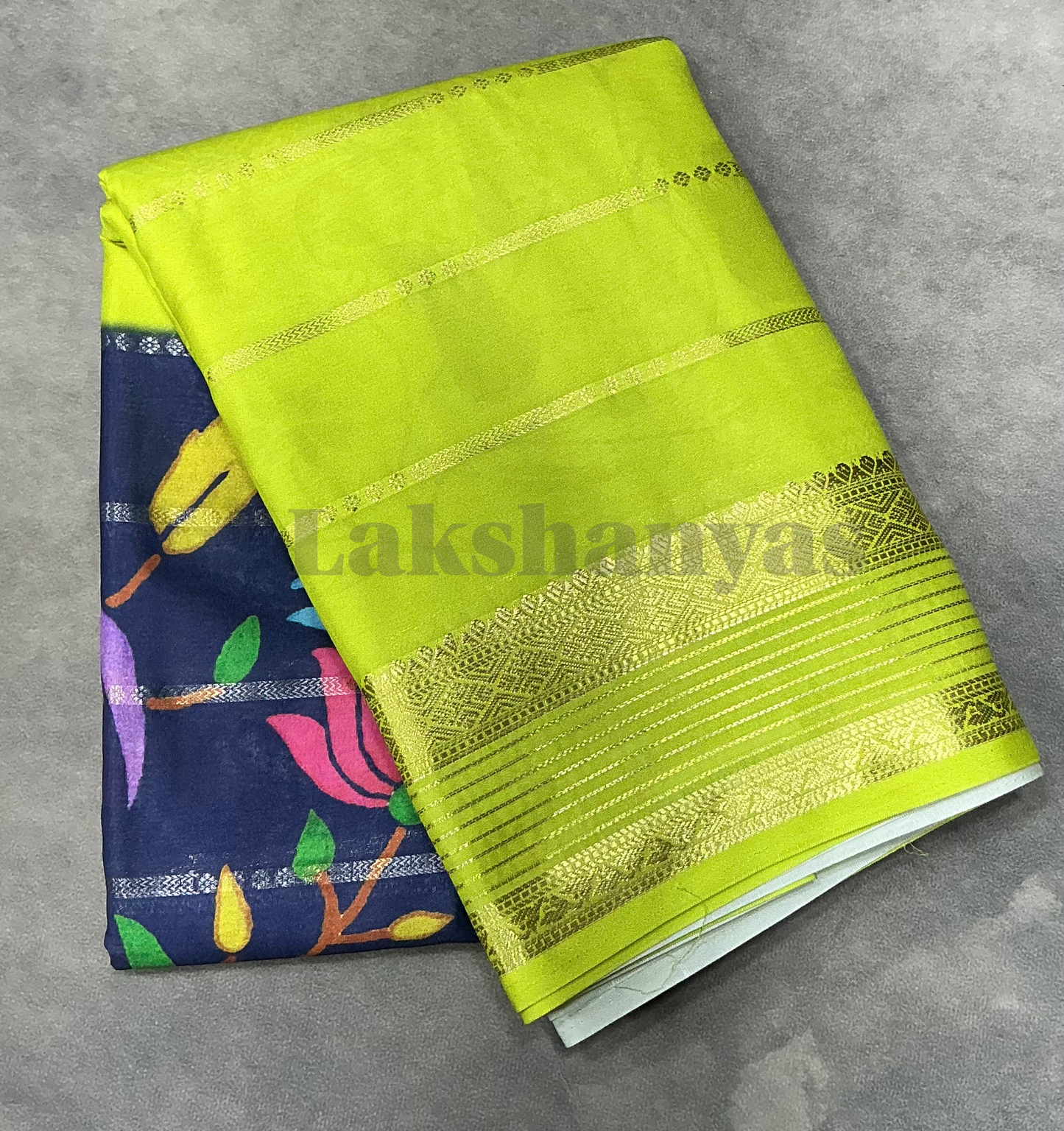 Blue & Lime Green Peacock Printed Mysore Crepe Saree