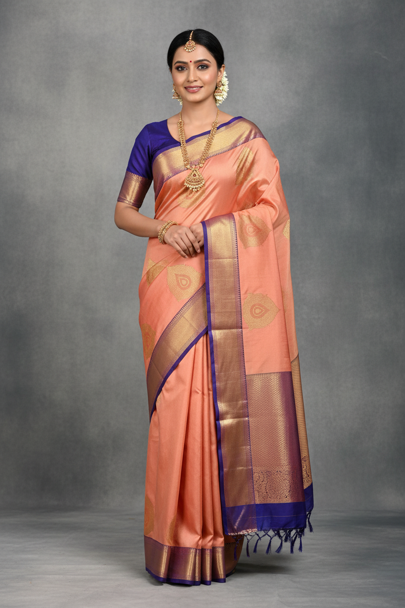 Peach Color Vegan Silk saree with Blue Colour with Floral Design border