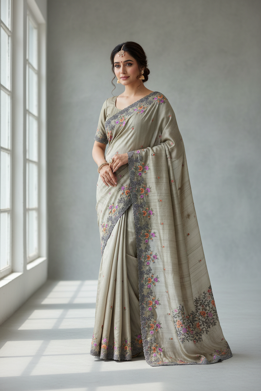 Beige Color Tussar Saree with Embroidered Border
