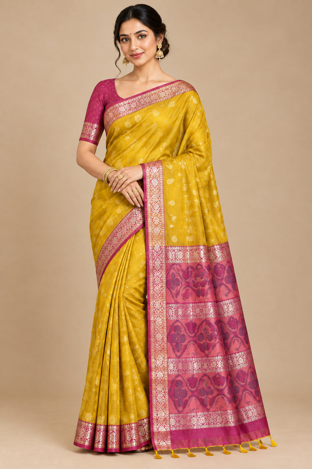 Mango Yellow Colour Soft Silk Saree with Pink Colour Ikat Border