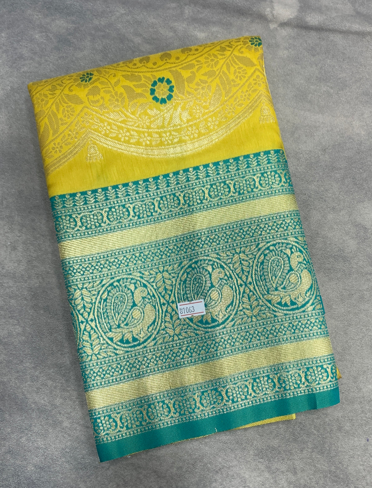 Yellow Colour Satin Saree with Green Colour Ikat Border