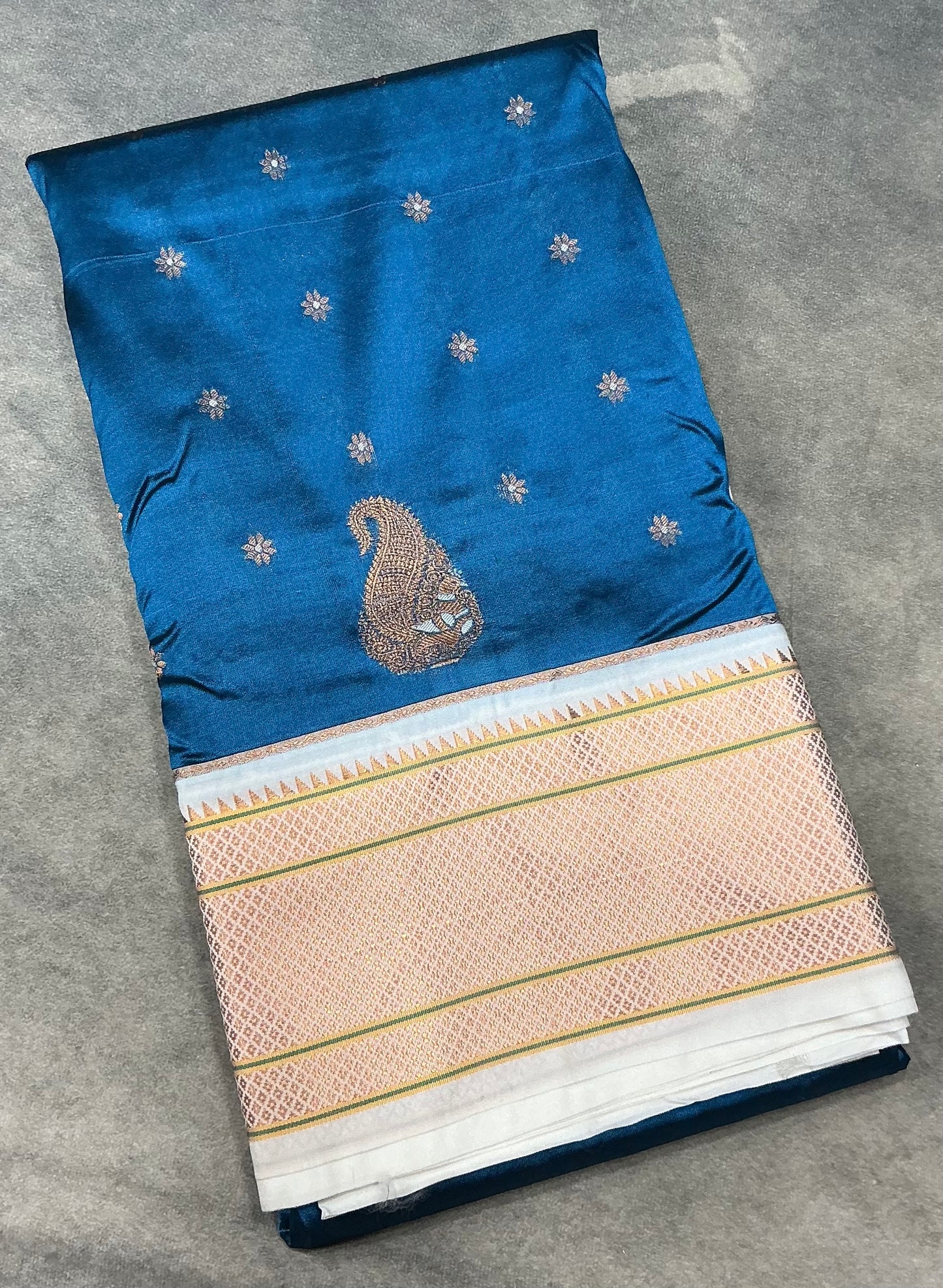 Sky Blue Vegan Paithani Silk saree with contrast White border
