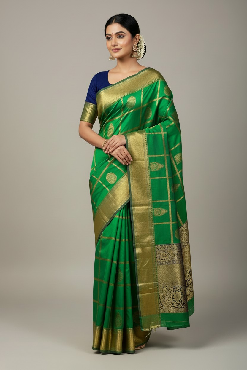 Emerald Green Kanjivaran Style Vegan Silk saree with Zari checks
