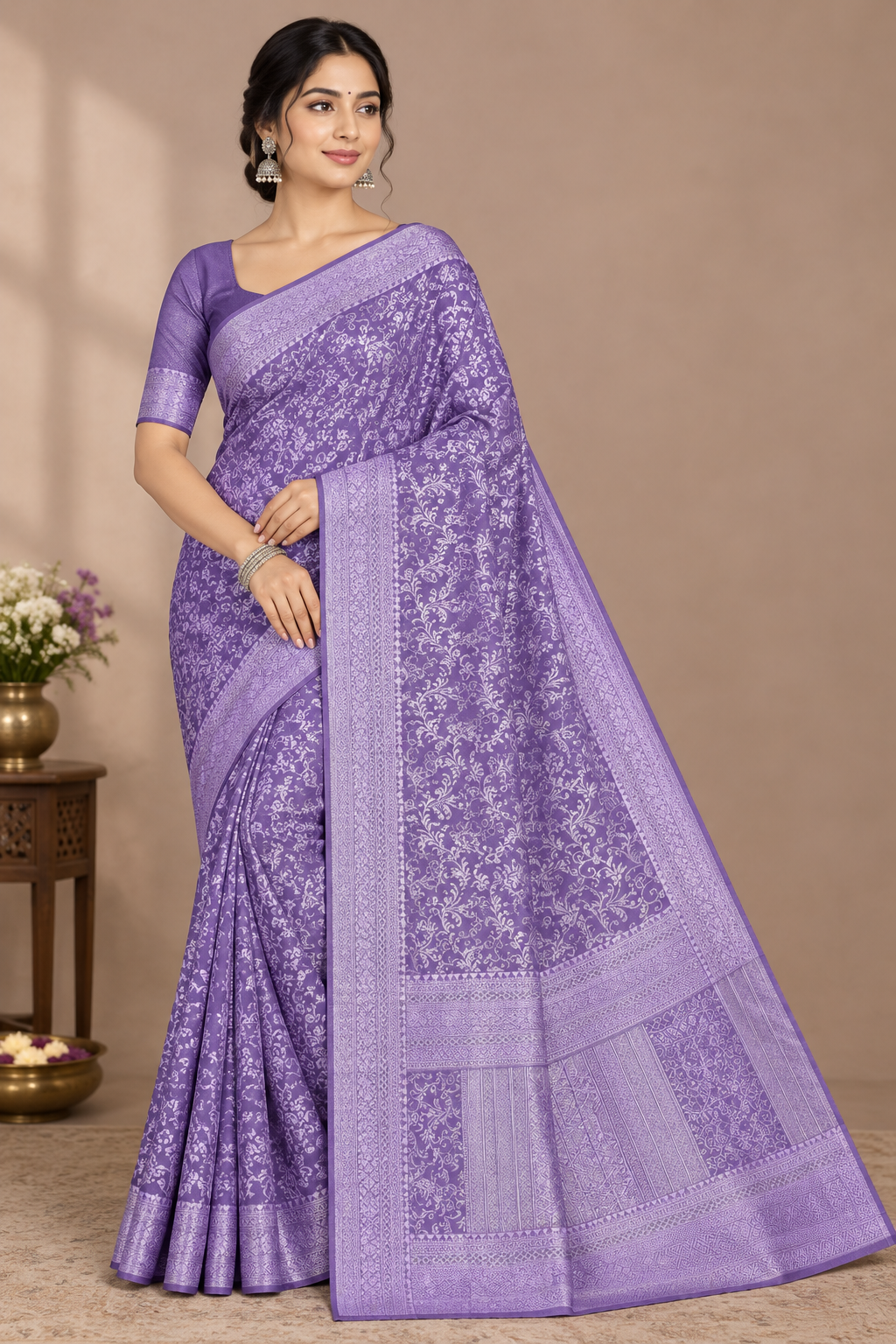 Lavender Colour Semi Silk Saree with Black Meenakari Work