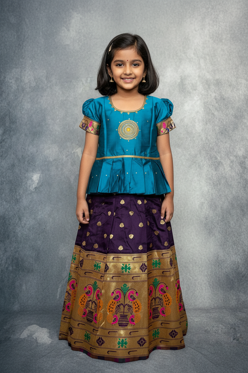Ready To Wear Pavadai Dark Purple Colour with Peacock Blue Colour Blouse