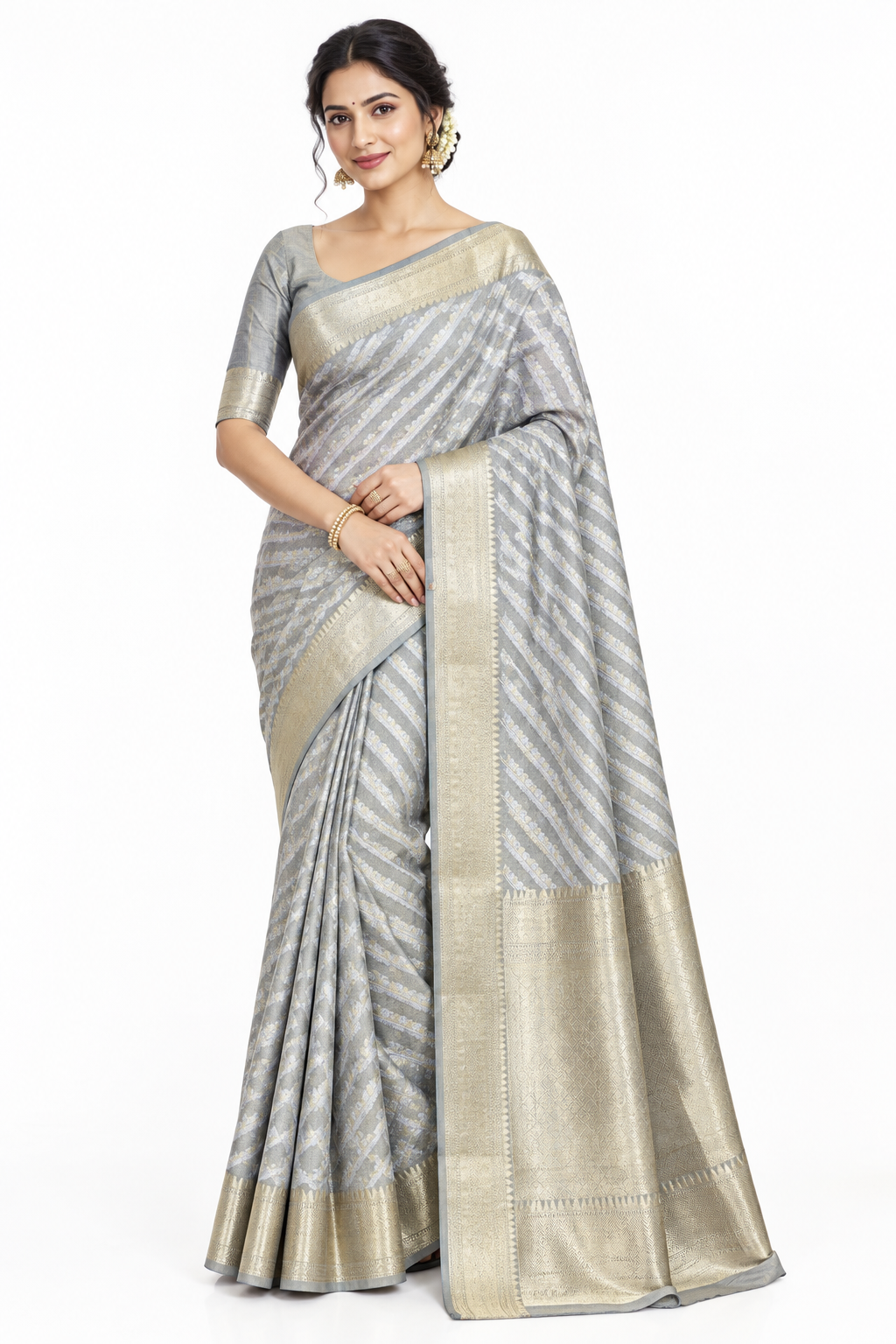 Katan Tissue Semi Silk Saree Silver and Gold Colour with Silver Colour Border
