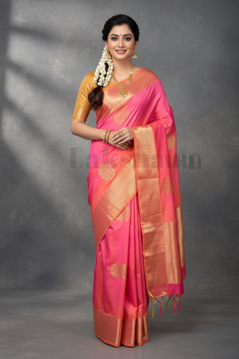 Orangish Pink Dual -Tone Pure Kanchivaram Silk Saree with Golden Zari Border