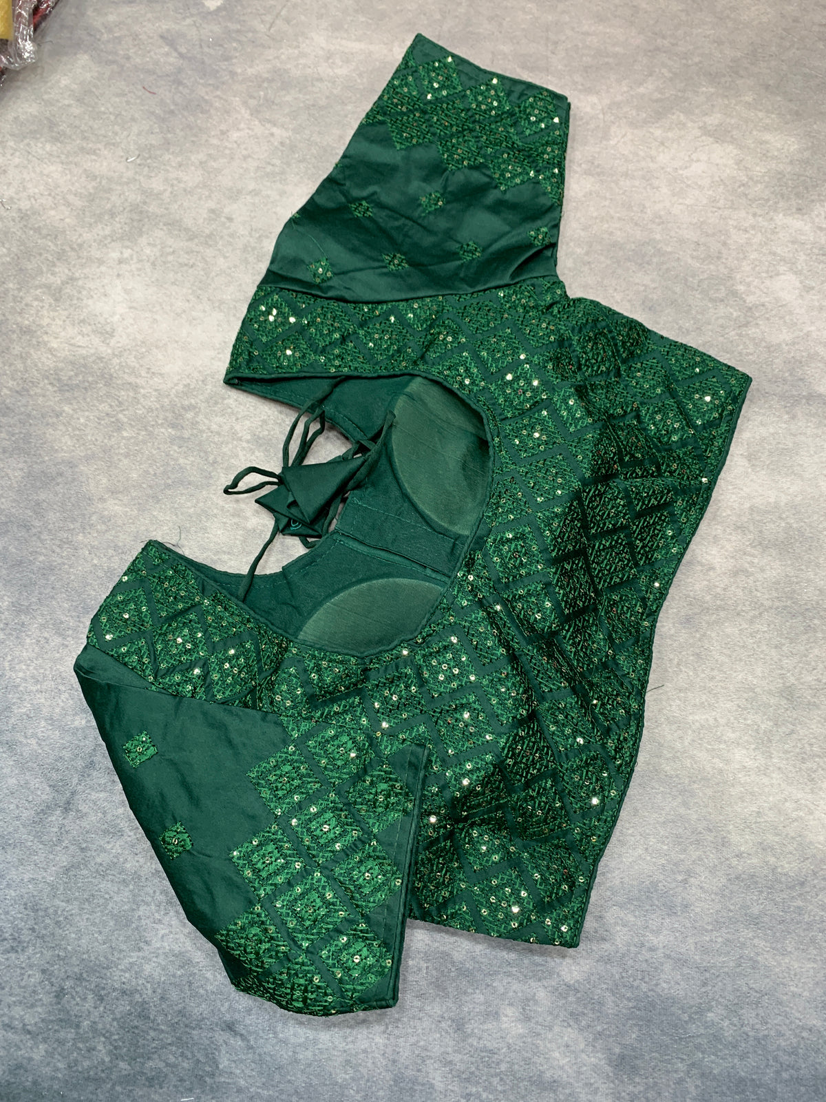 Ready-to-Wear Embroidered Silk Blouse - Green (Silver Embroidery)