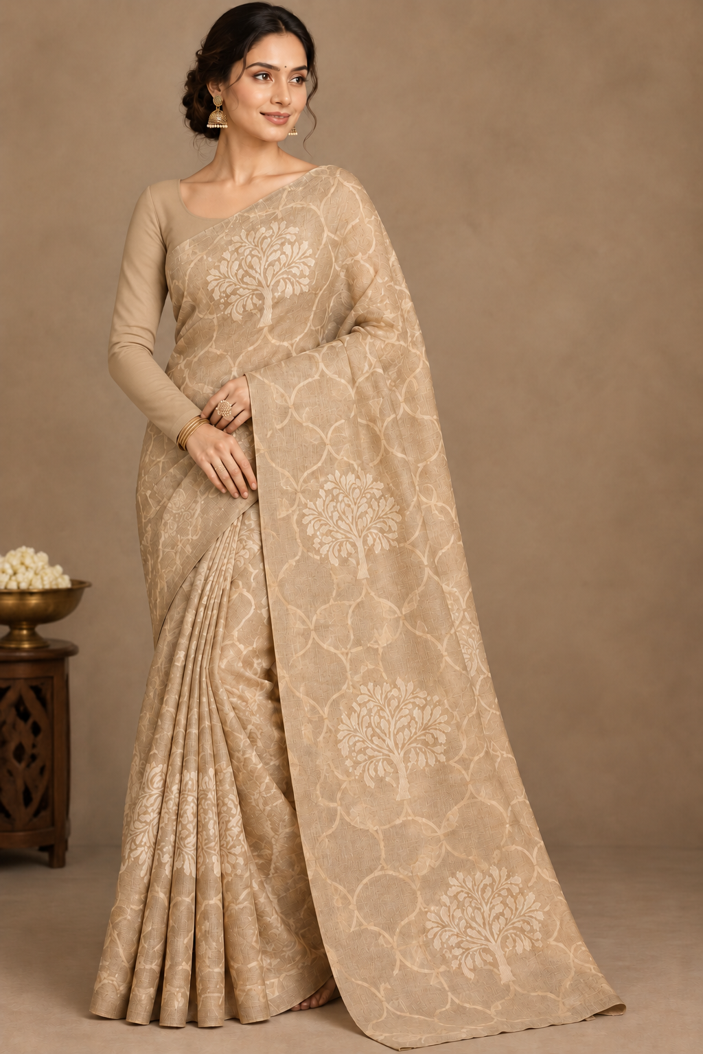 Biscuit Colour Jute Silk Saree with Balloon Butta, Borderless