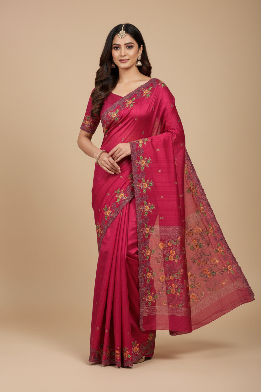 Dark Pink Color Tussar Saree with Embroidered Border