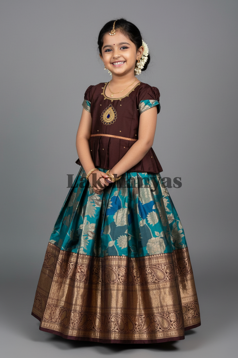 Ready To Wear Pavadai Sky Blue Color with Brown Color Blouse