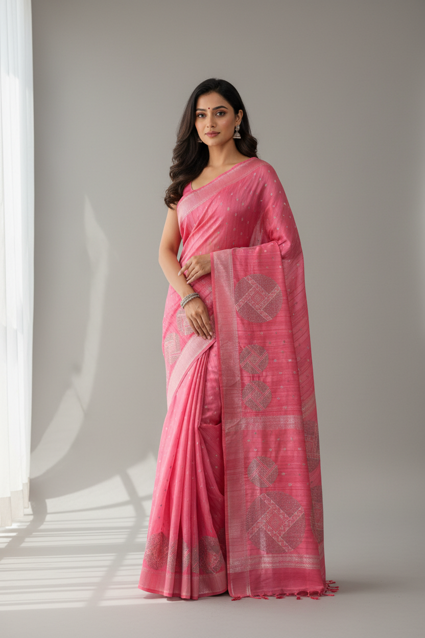 Tomato Pink Tussar Saree with Embroidery Work Border