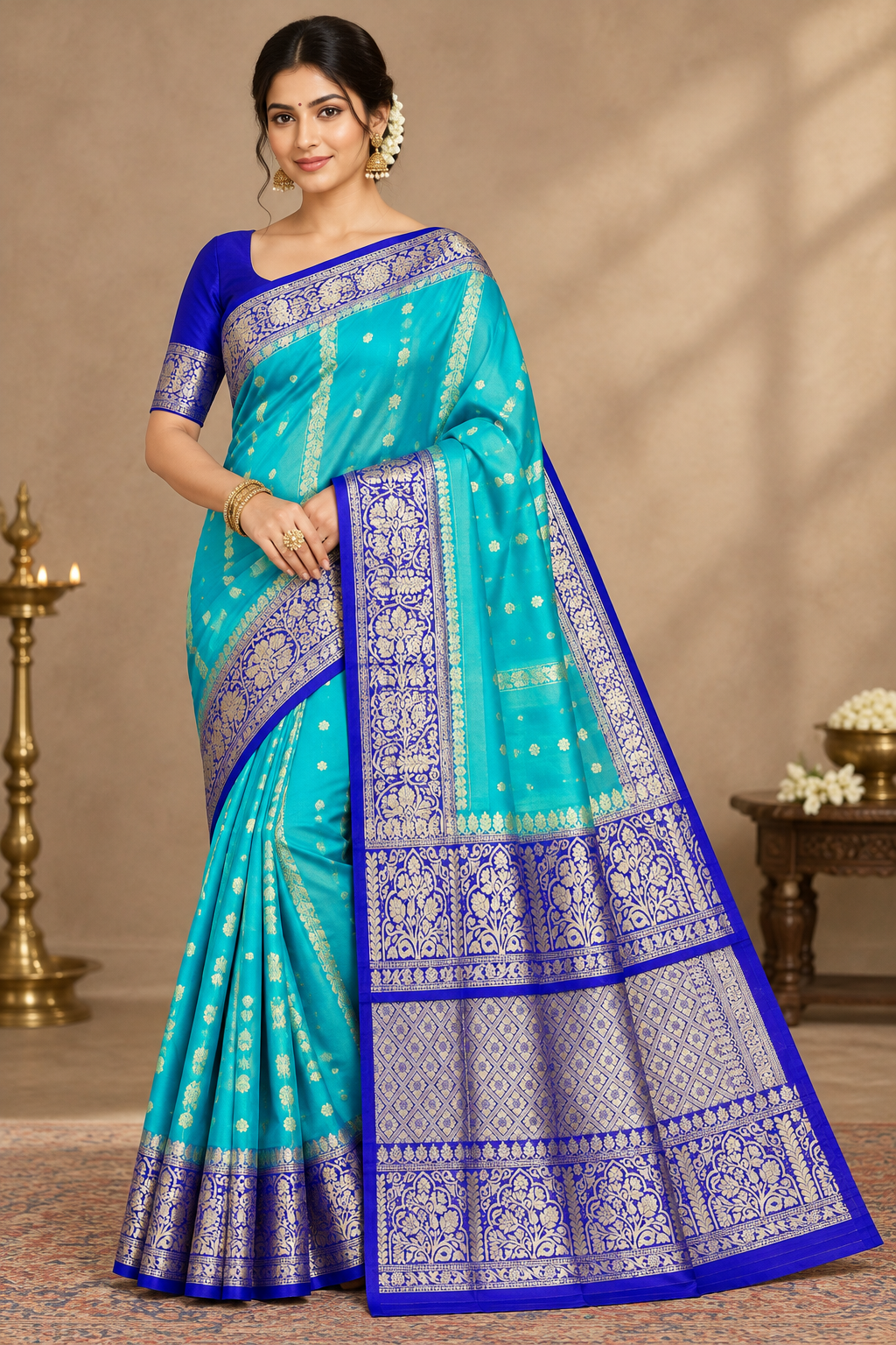 Sky Blue Colour Mysore Crepe Silk Saree with Blue Colour Border
