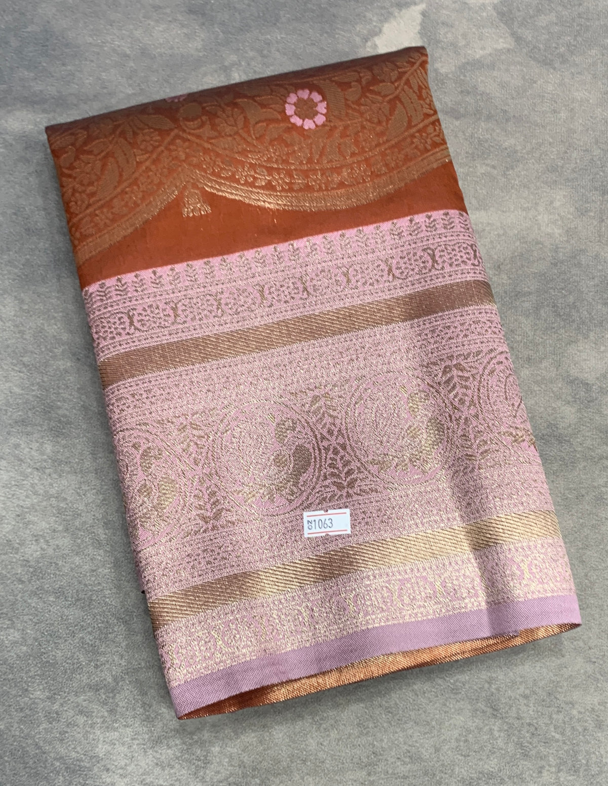 Brown Colour Satin Saree with Light Lavender Colour Ikat Border
