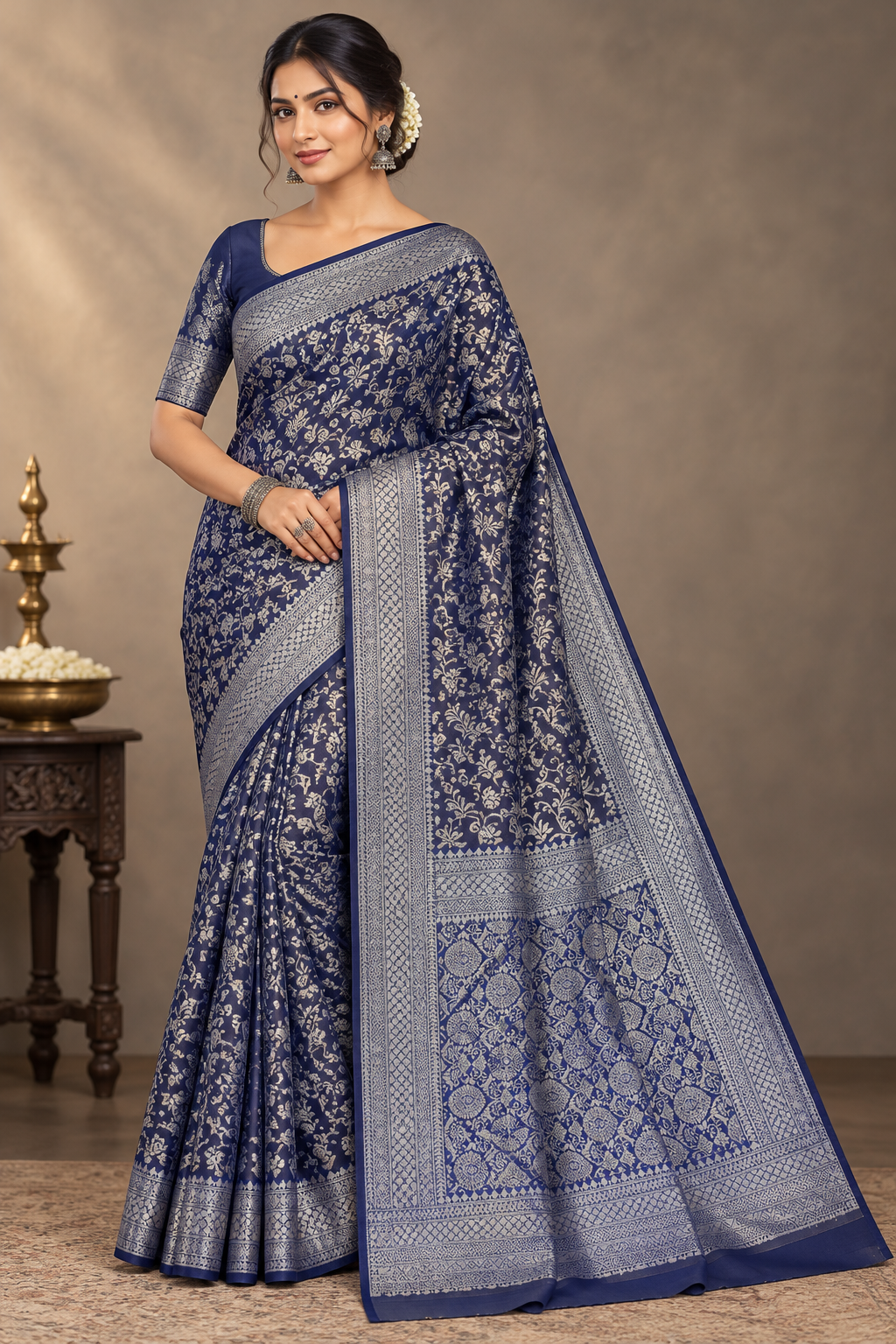 Navy Blue Colour Semi Silk Saree with Black Meenakari Work