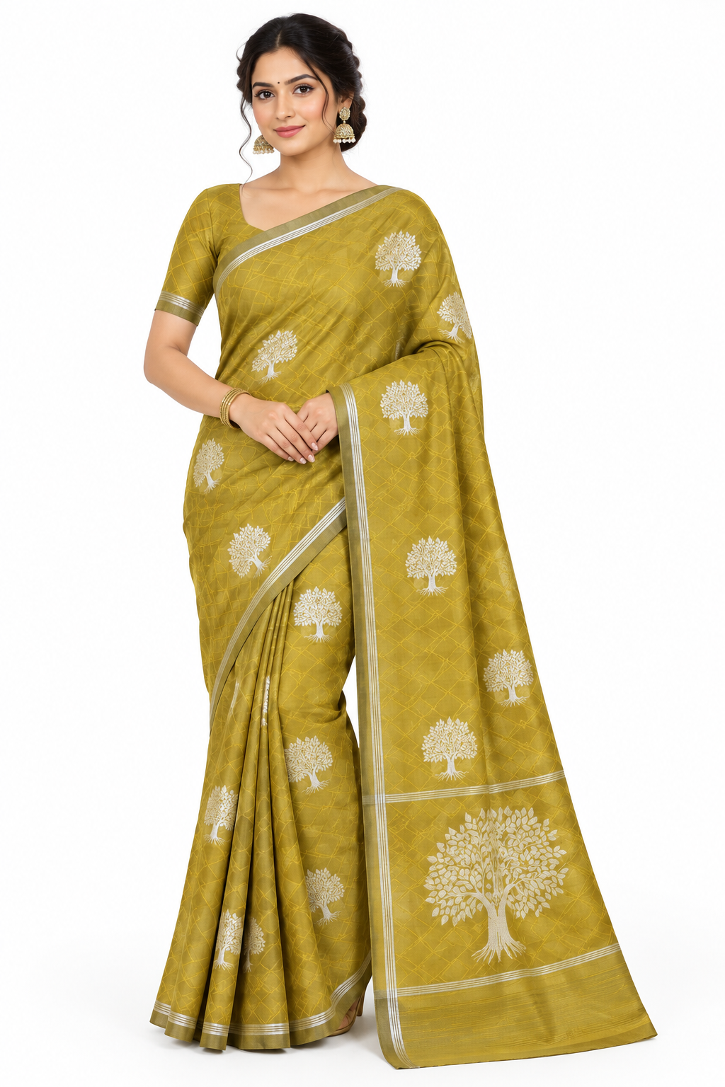 Mustard Colour Jute Silk Saree with Tree Butta, Borderless