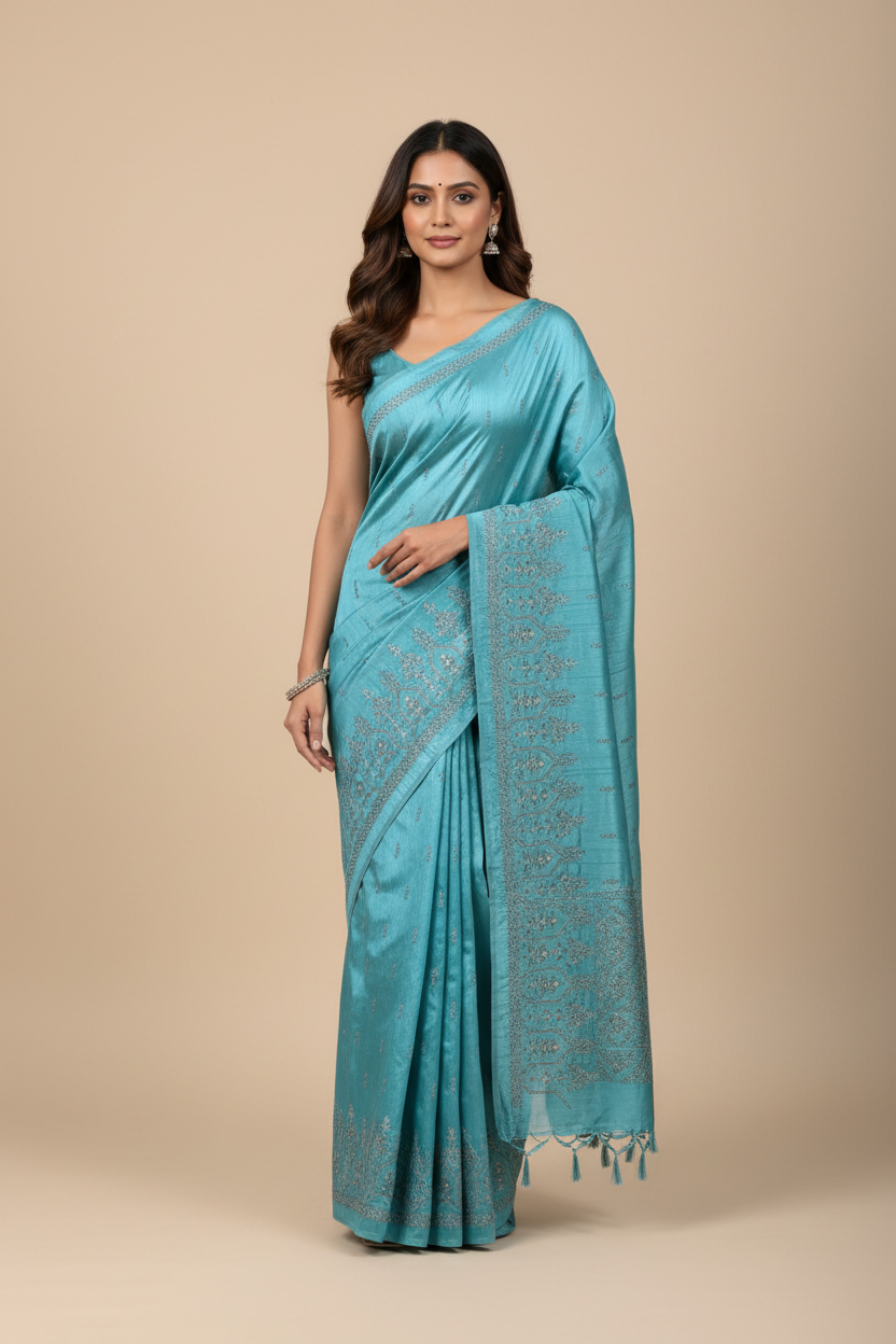 Sky Blue Tussar Saree with Geometric Border