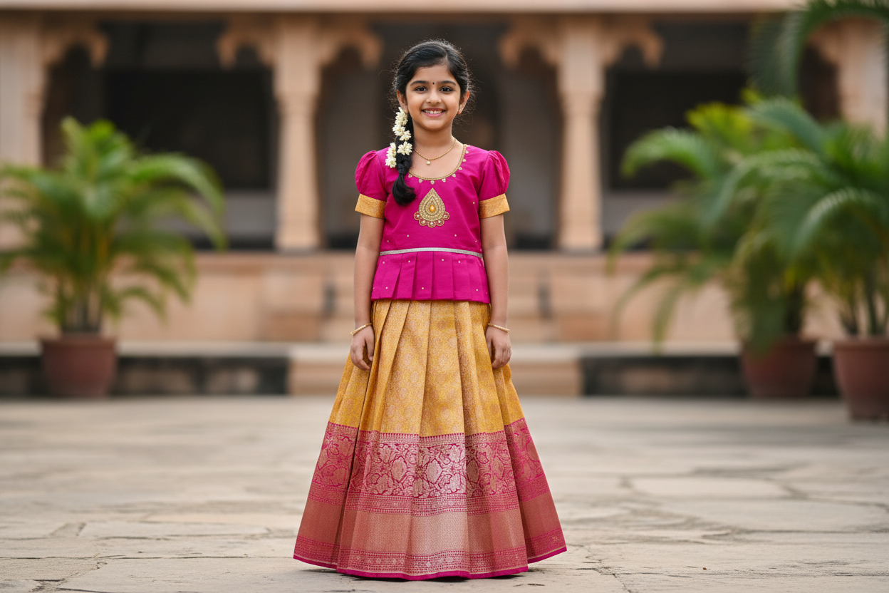 Ready To Wear Pavadai Yellow Colour with Pink Colour Blouse