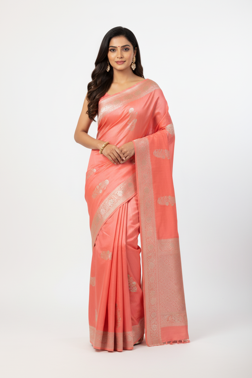 Semi Banarasi Saree Peachish Orange Color with Silver Zari Design Border