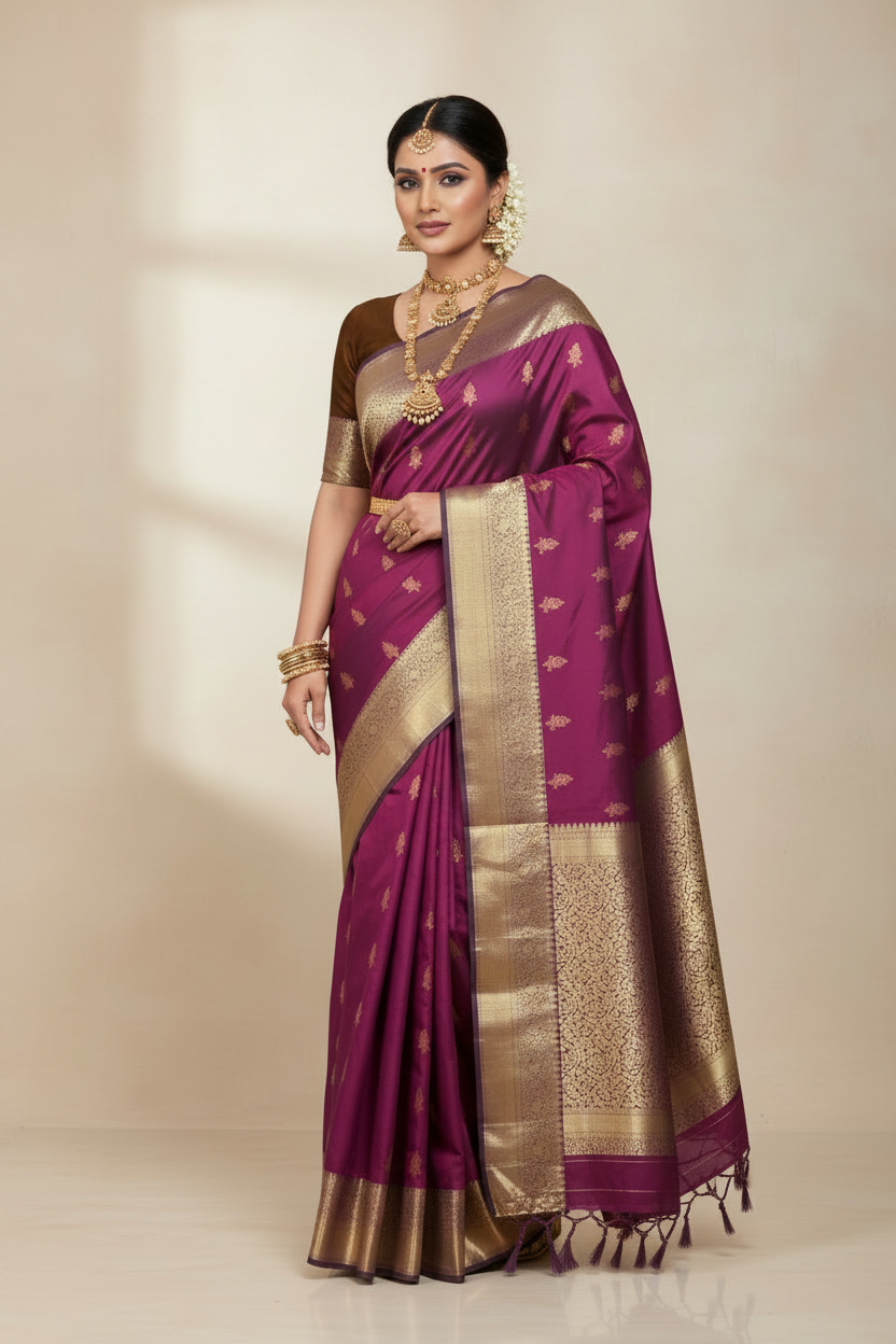 Maroon Color Vegan Silk saree with Brown Color with Floral Design border