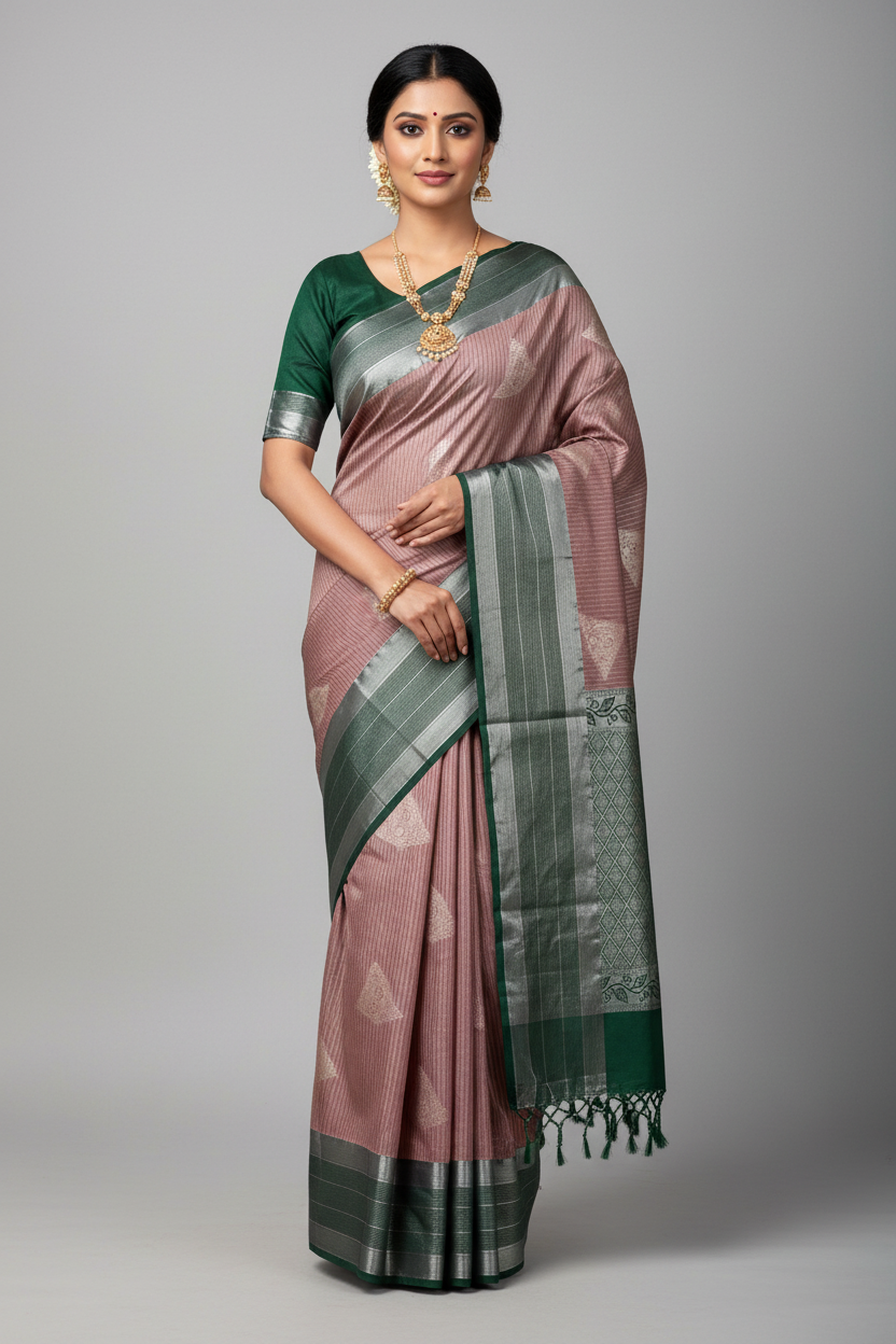 Light Brown Colour Soft Silk Saree with Green Colour Border