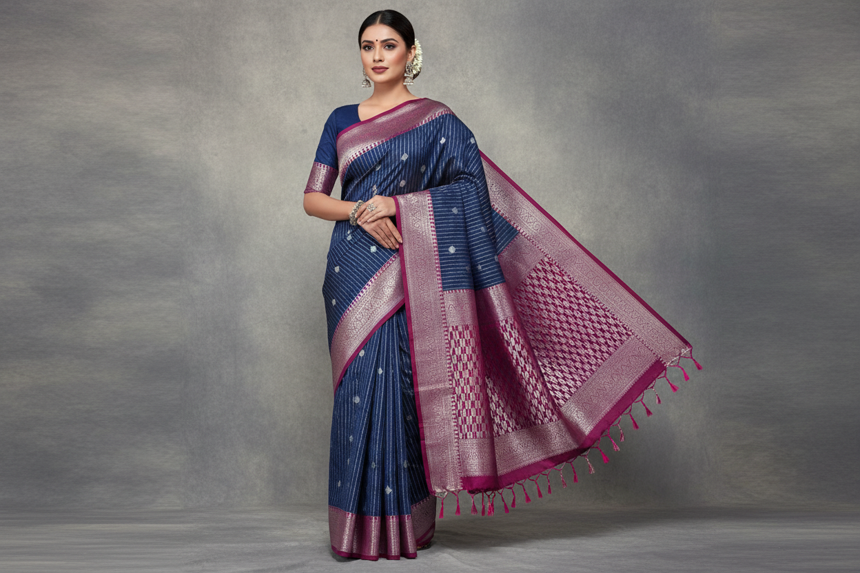 Blue Colour Soft Silk Saree with Rich Magenta Checked Border