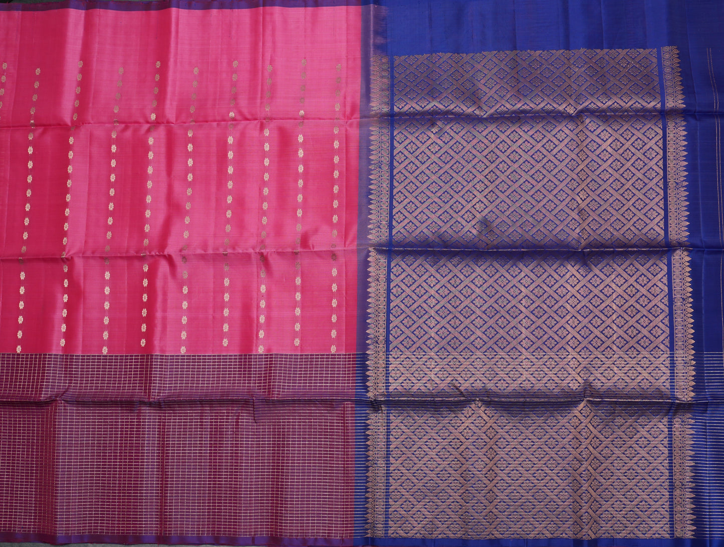 Kanjivaram Pink Silk Saree with Blue Checked Border