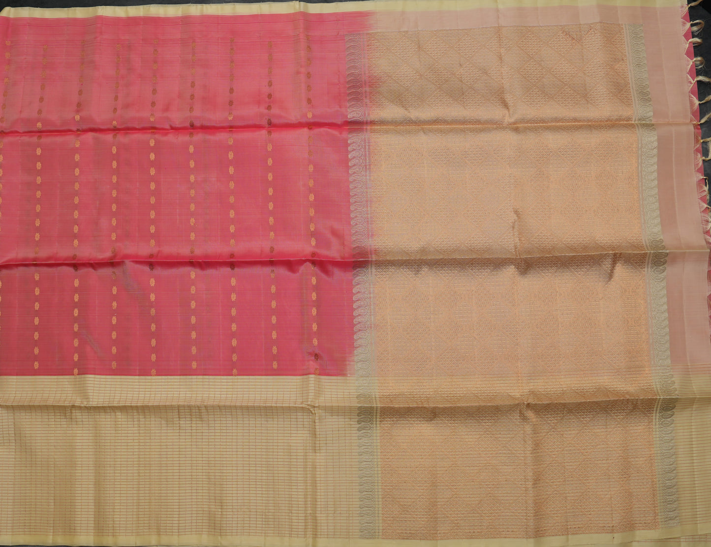 Kanjivaram Pink Silk Saree with Cream Checked Border