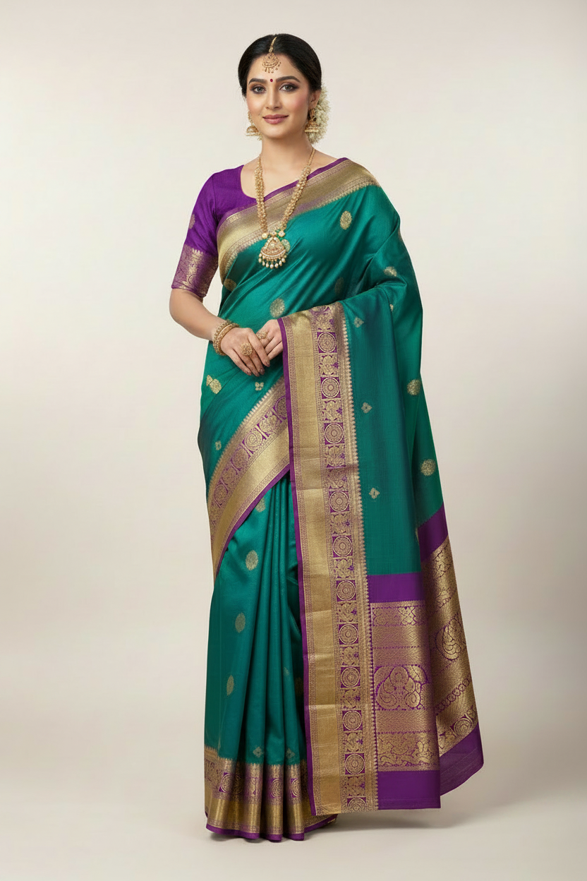 Peacock Green Color Vegan Silk saree with Pink Colour with Annam and Chakaram Design border