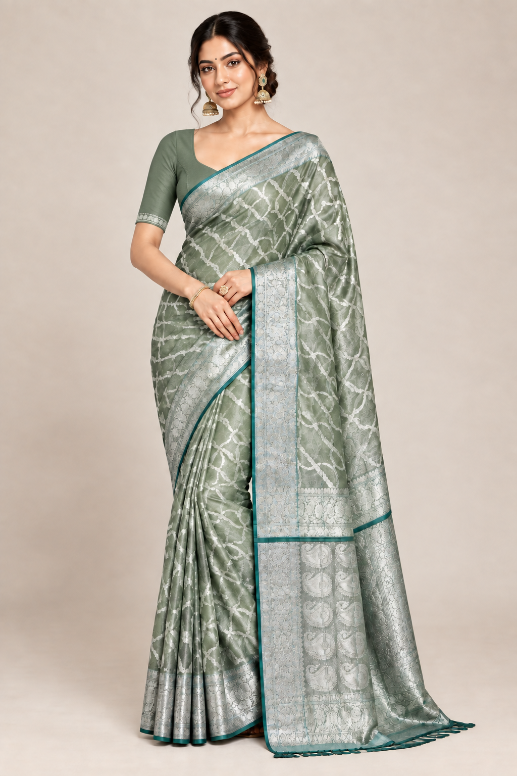 Katan Tissue Semi Silk Saree Sea Green Colour with Silver Zari Border