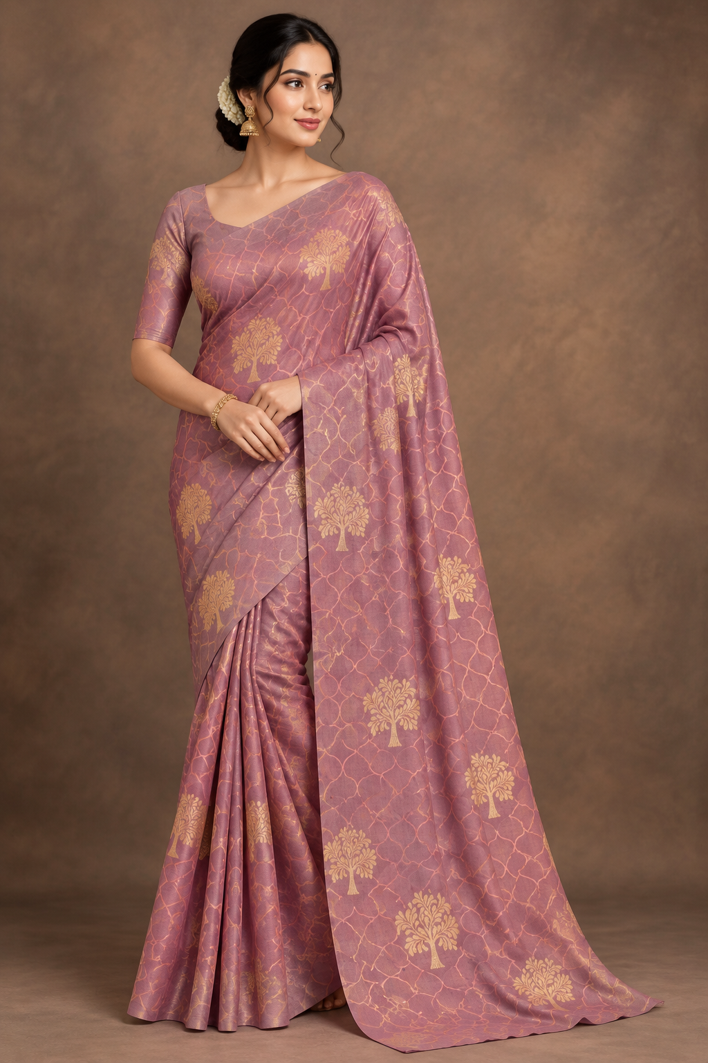 Onion Pink Colour Jute Silk Saree with Flower Butta, Borderless