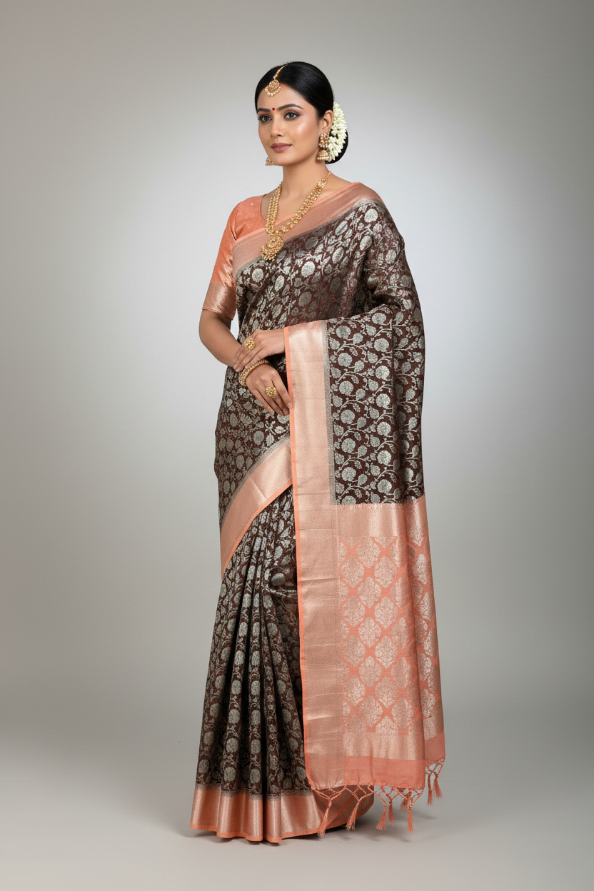 Deep Chocolate Brown Banarasi Khaddi Georgette Saree