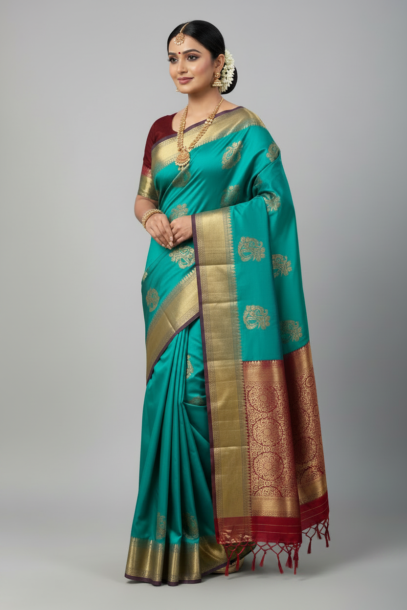 Rama Green Color Vegan Silk saree with Brown border