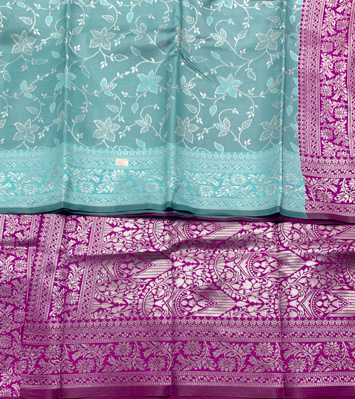 Teal Colour Jute Silk Saree with Floral Creeper