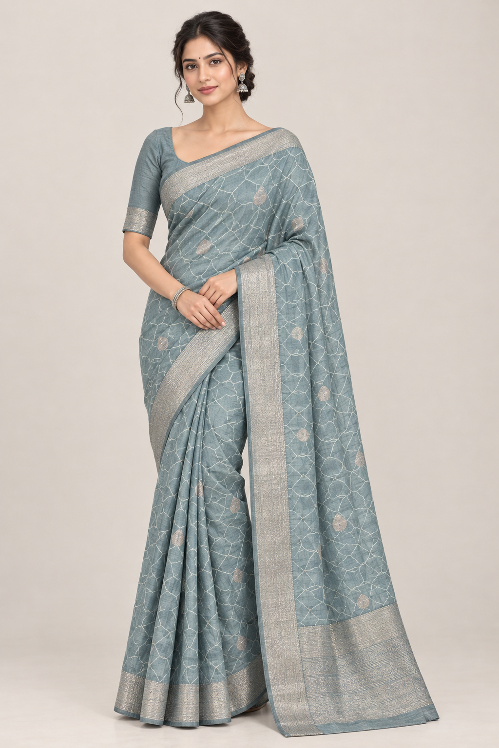 Jute Silk Saree – Greyish Green with Leaf Butta and Zari Border