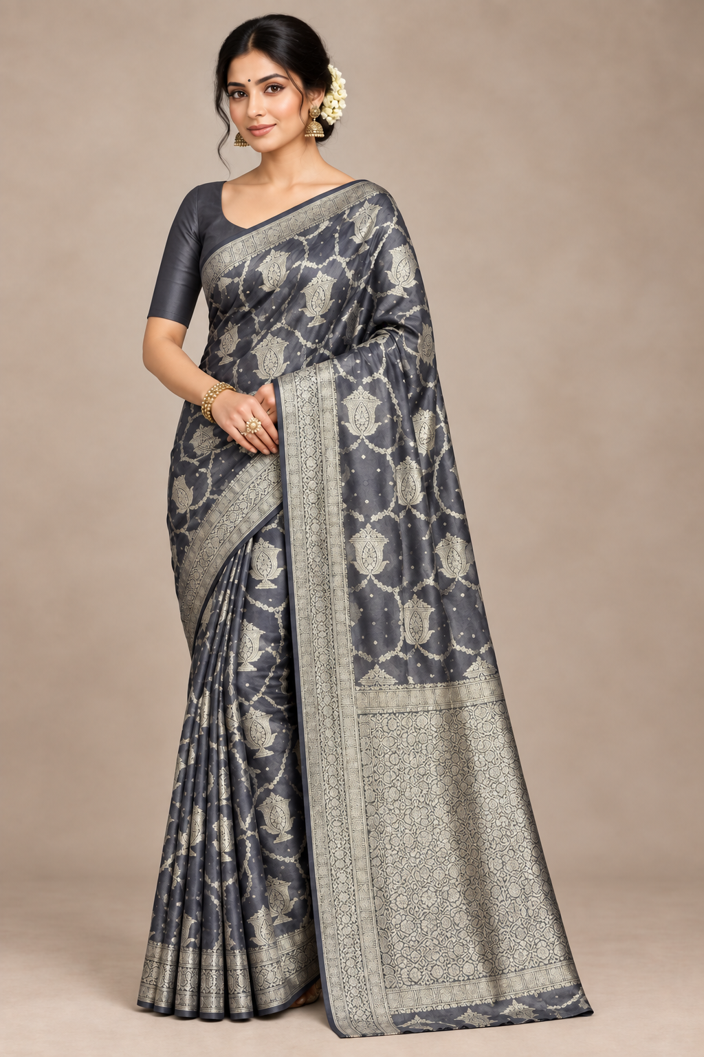 Katan Silk Saree Purple Colour with Silver Zari Border