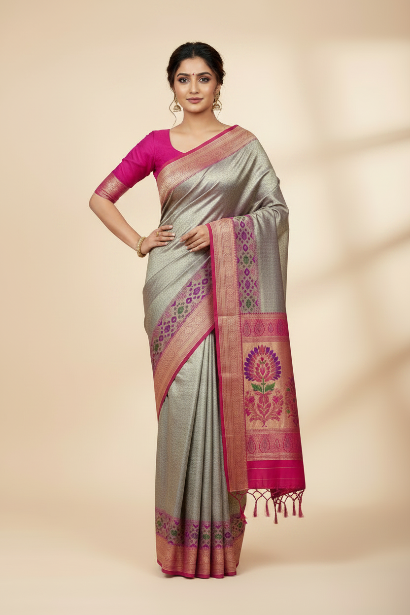 Gray Color Tissue Saree with contrast Pink Patola order