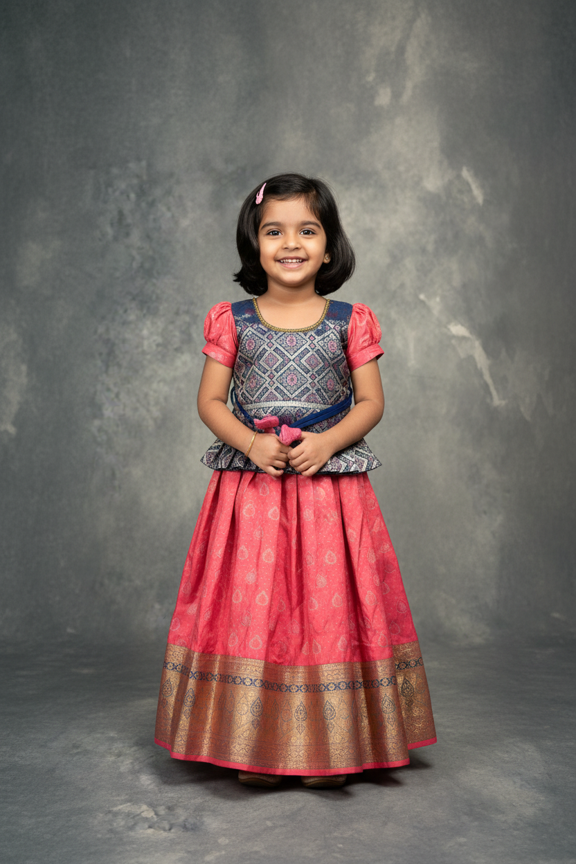 Ready To Wear Pavadai Pink Colour with Blue Colour Blouse