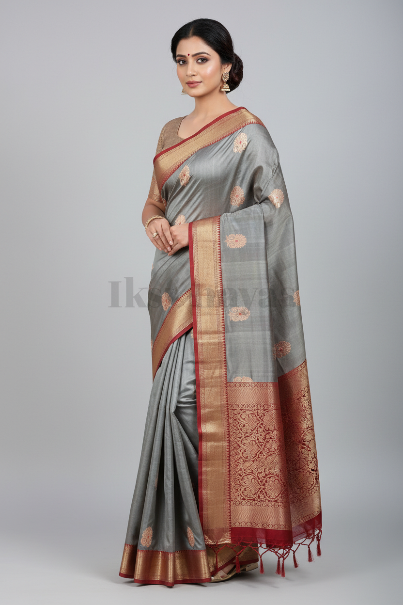 Grey Pure Kanjivaram Silk Saree with Maroon border