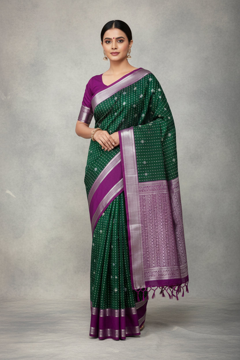 Green Colour Soft Silk Saree with Magenta Rettai Pettu Border