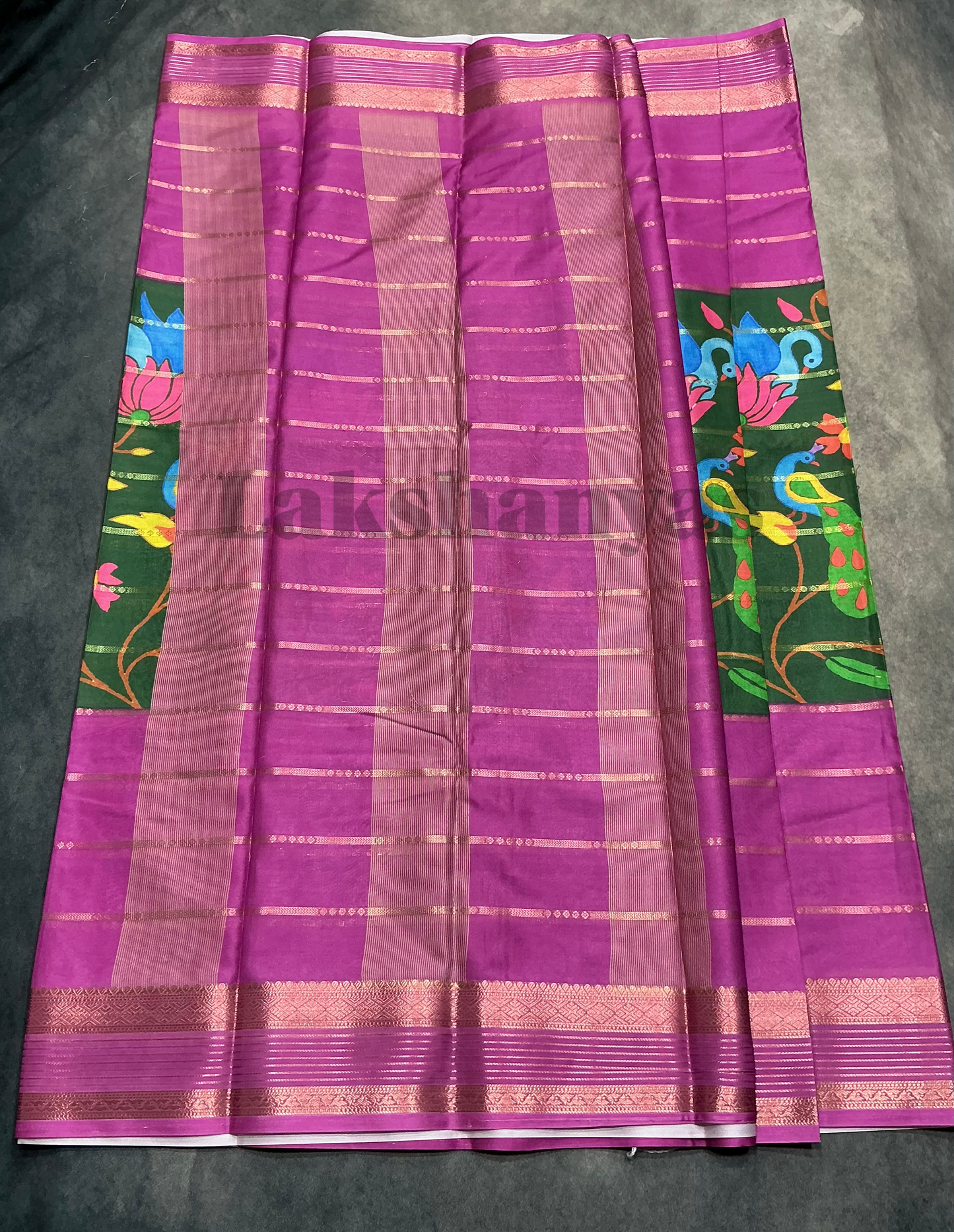 Green & Magenta Peacock Printed Mysore Crepe Saree