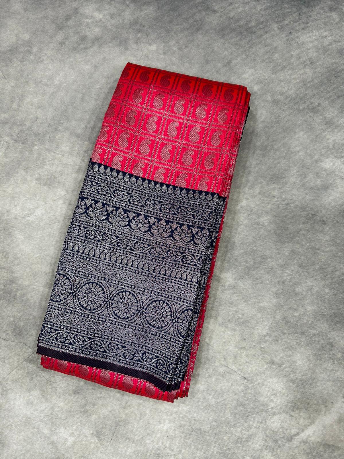 Hot Pink Colour 1000 Butta Saree with Navy Blue Border