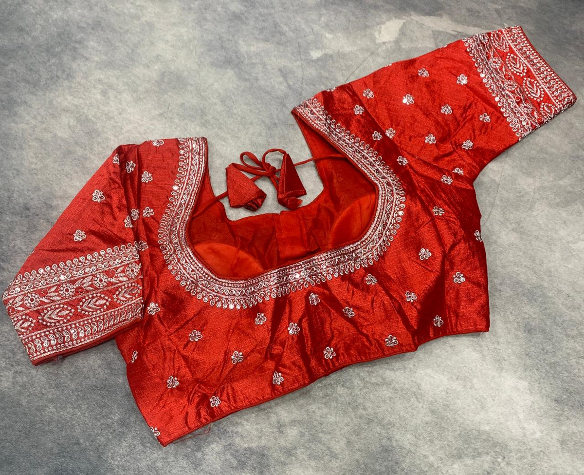 Ready-to-Wear Embroidered Silk Blouse - Red (Golden Embroidery)