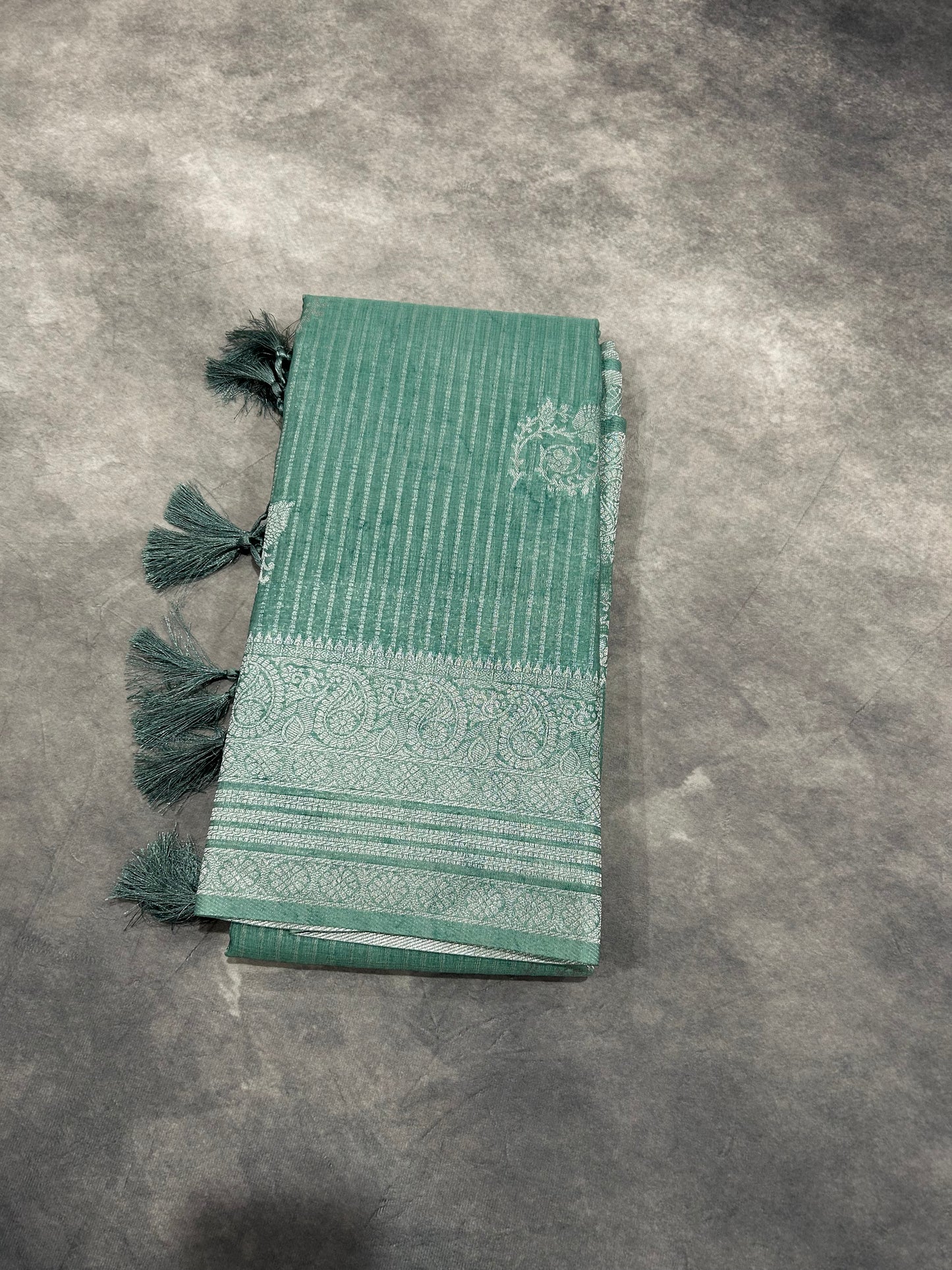Green Linen Silk Saree with Sliver Zari Border
