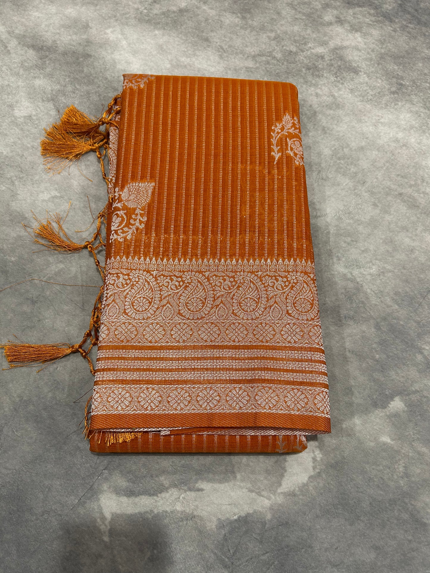 Mustard Linen Saree in Sliver Zari