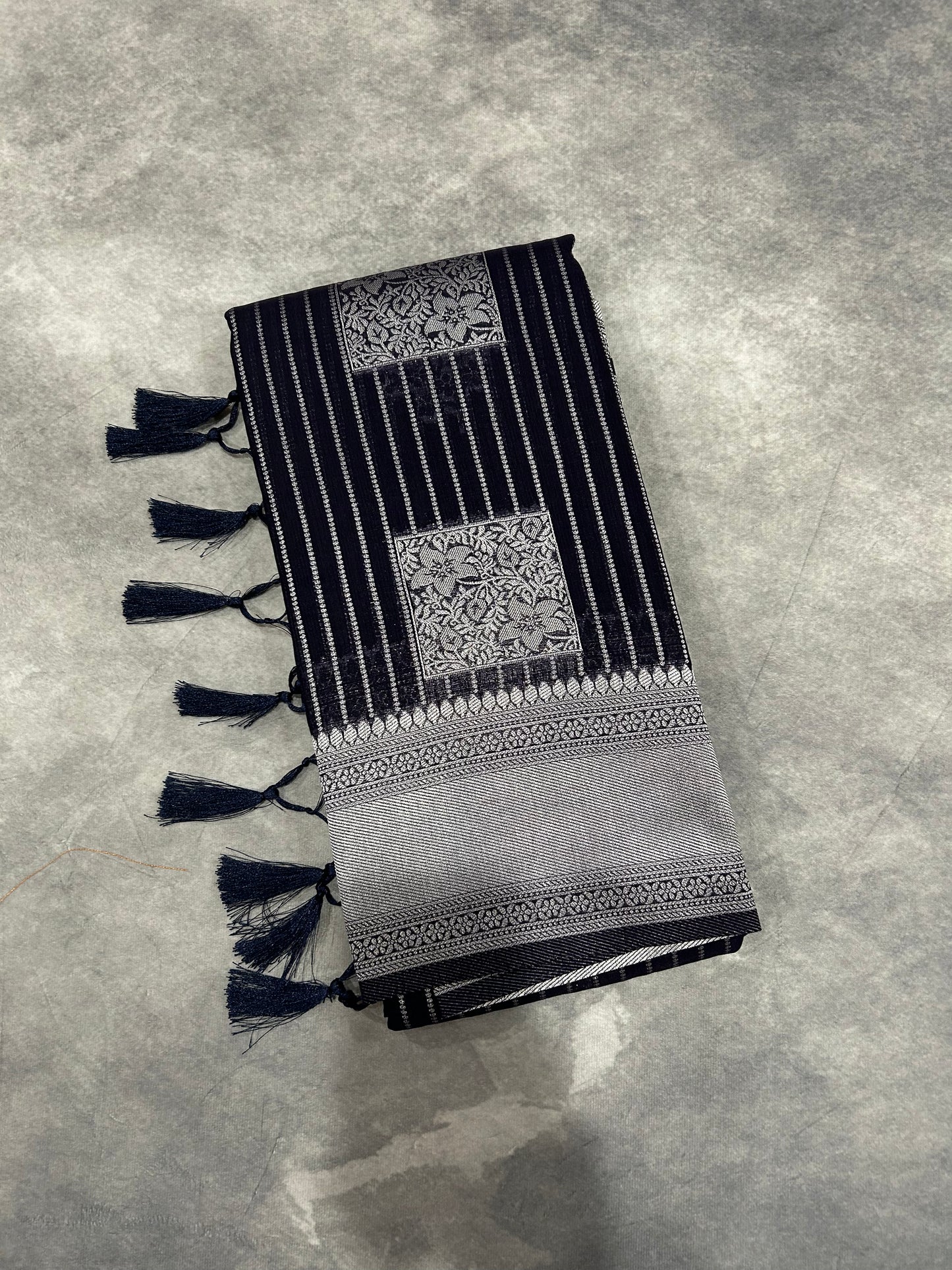 Dark blue Linen Saree square butta in Sliver Zari Border