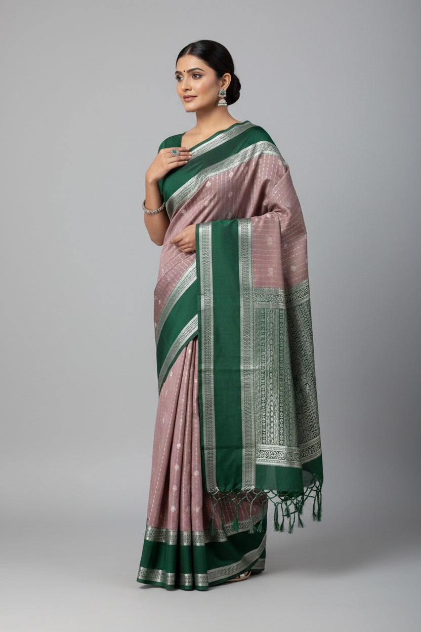 Light Brown Colour Soft Silk Saree with Green Colour Rettai Pettu Border