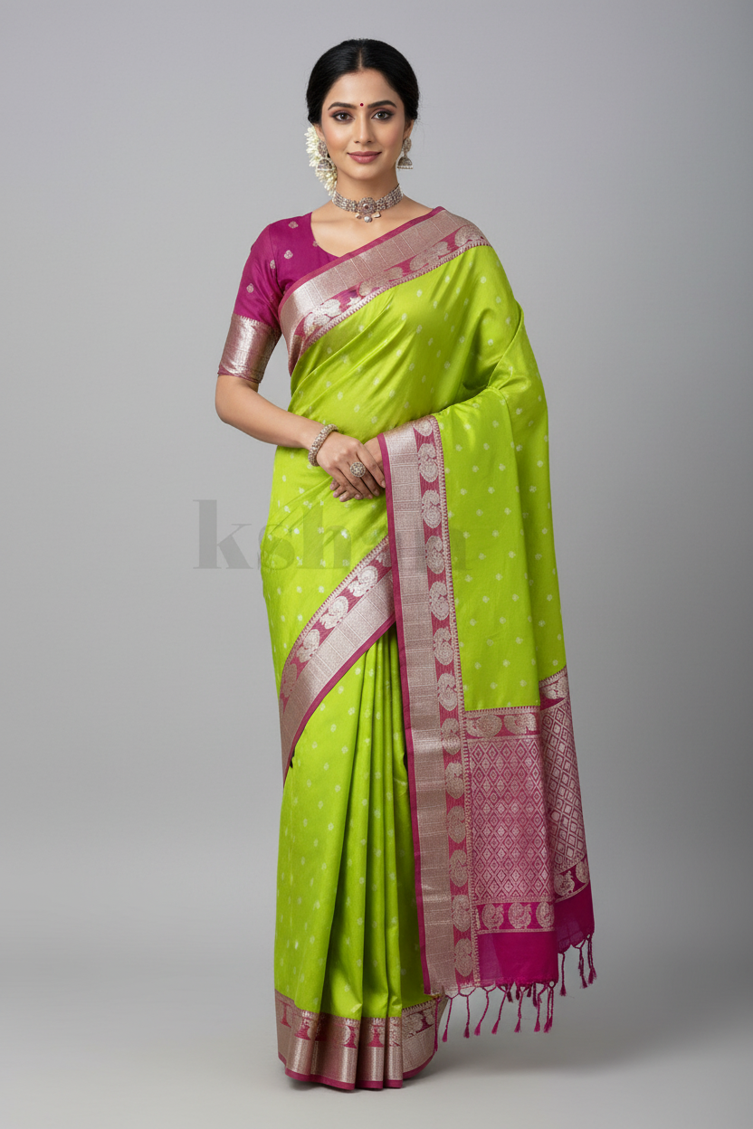 Light Green Colour Soft Silk Saree with Pink Colour Border